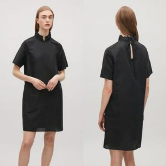 COS Black Ruffle neck Short Sleeve Linen/Cotton Blend Dress Pockets Sz 2 - EUC